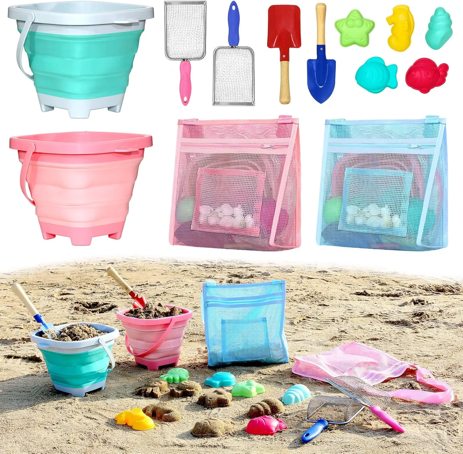 Beach Sand Toys for Kids with Collapsible Buckets, Mesh Bags, Sand Sifter Mesh Shovels, Animal Molds, Sand Scoop Shell Scooper, Beach Travel Toys for Kids Toddlers Boys Girls Ages 4-8