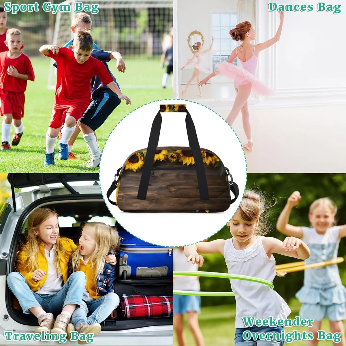 Beach Sunflower Boys Girls Gym Bag Dance Perform Training Duffel Bags Weekender Carry-On Tote Luggage Bag Ideal for School Practice or Overnight Trips Sunflower
