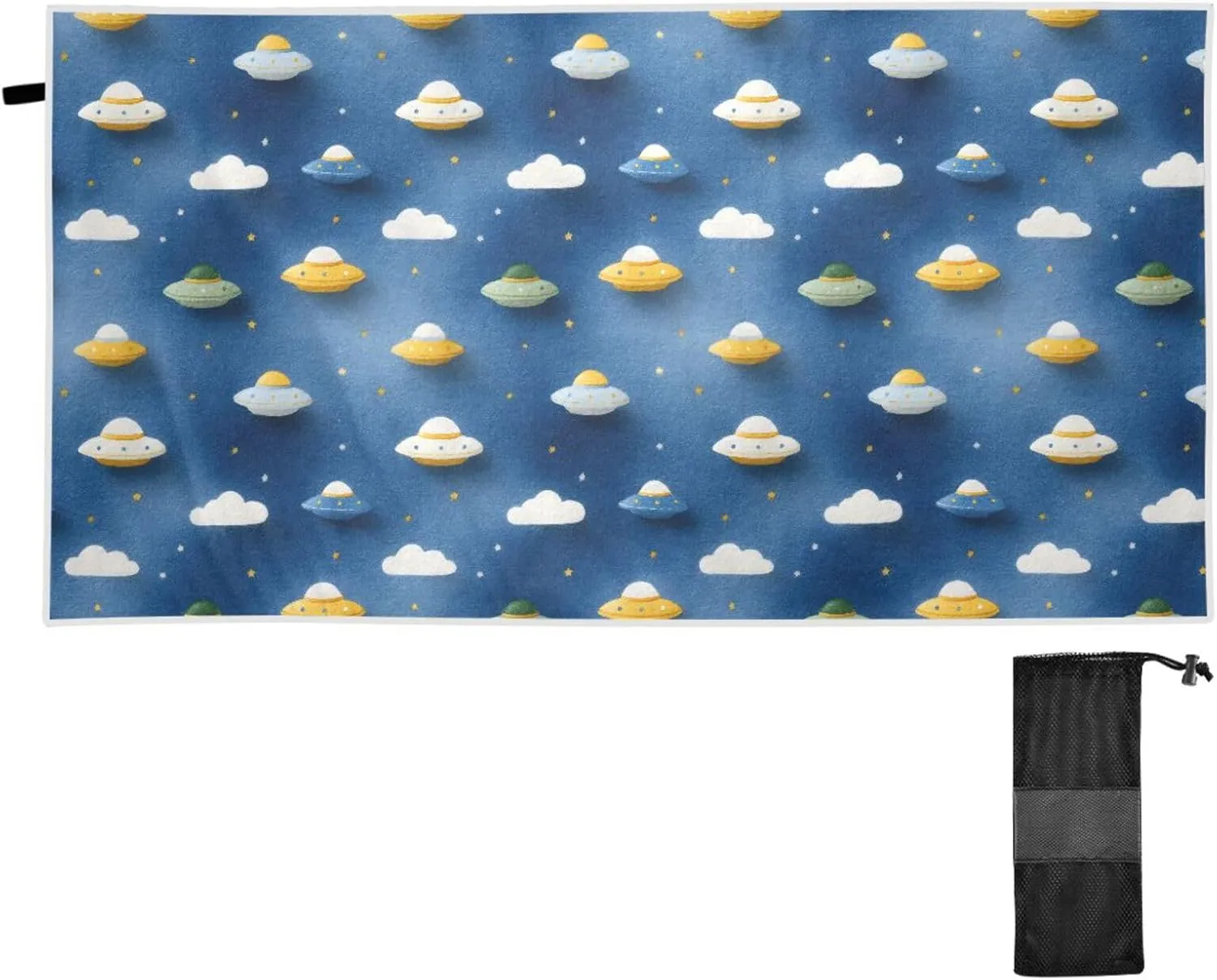 Beach Towel Cartoon UFO Print Oversized Thin 30x60 in Quick Dry Sandproof Beach Blanket with Storage Bag