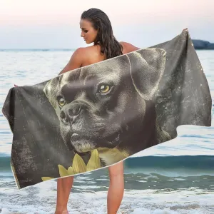 Beach Towel Cute Dog Flowers Print Oversized Sand Free Quick Dry Lightweight with Storage Bag for Women Men 30x60 in