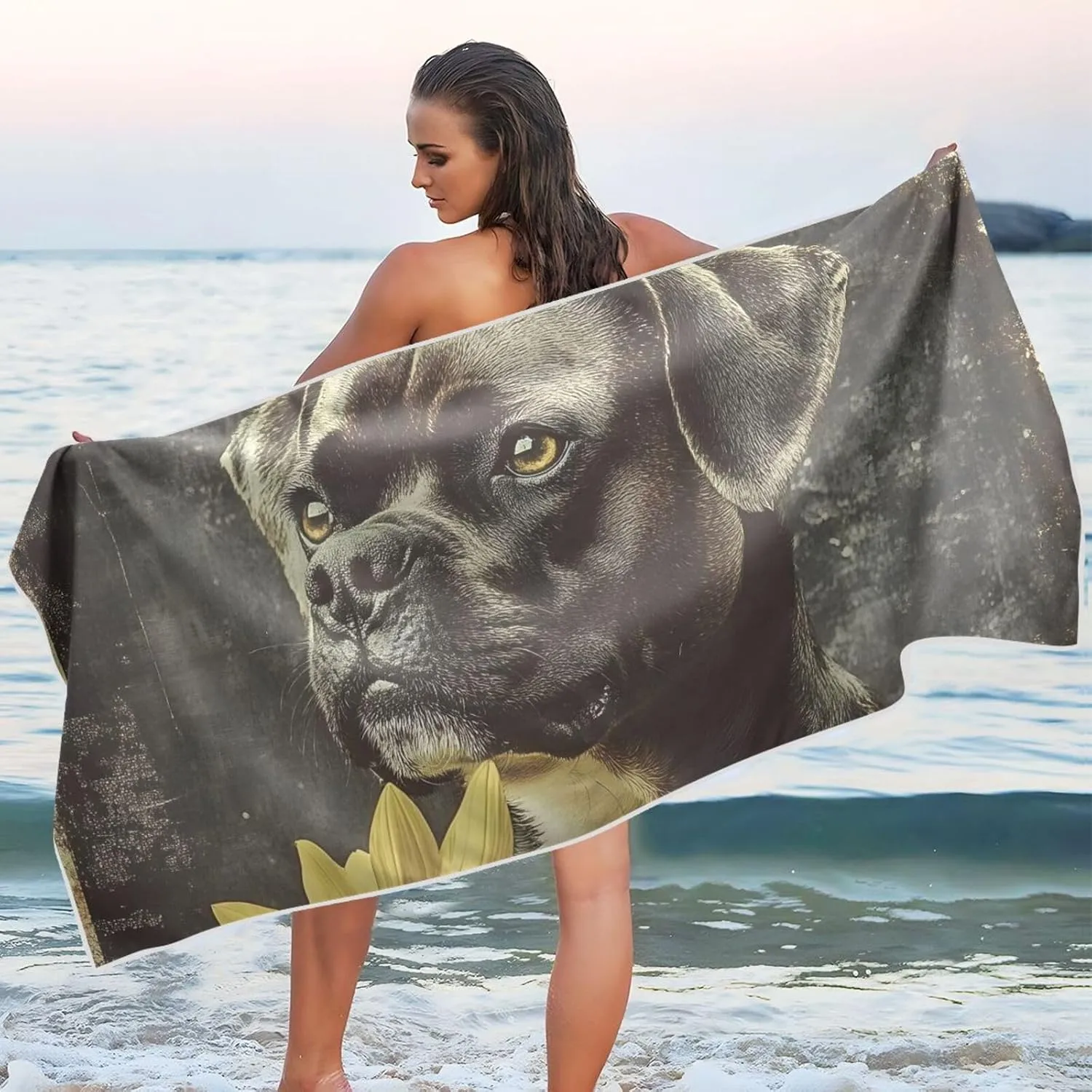 Beach Towel Cute Dog Flowers Print Oversized Sand Free Quick Dry Lightweight with Storage Bag for Women Men 30x60 in