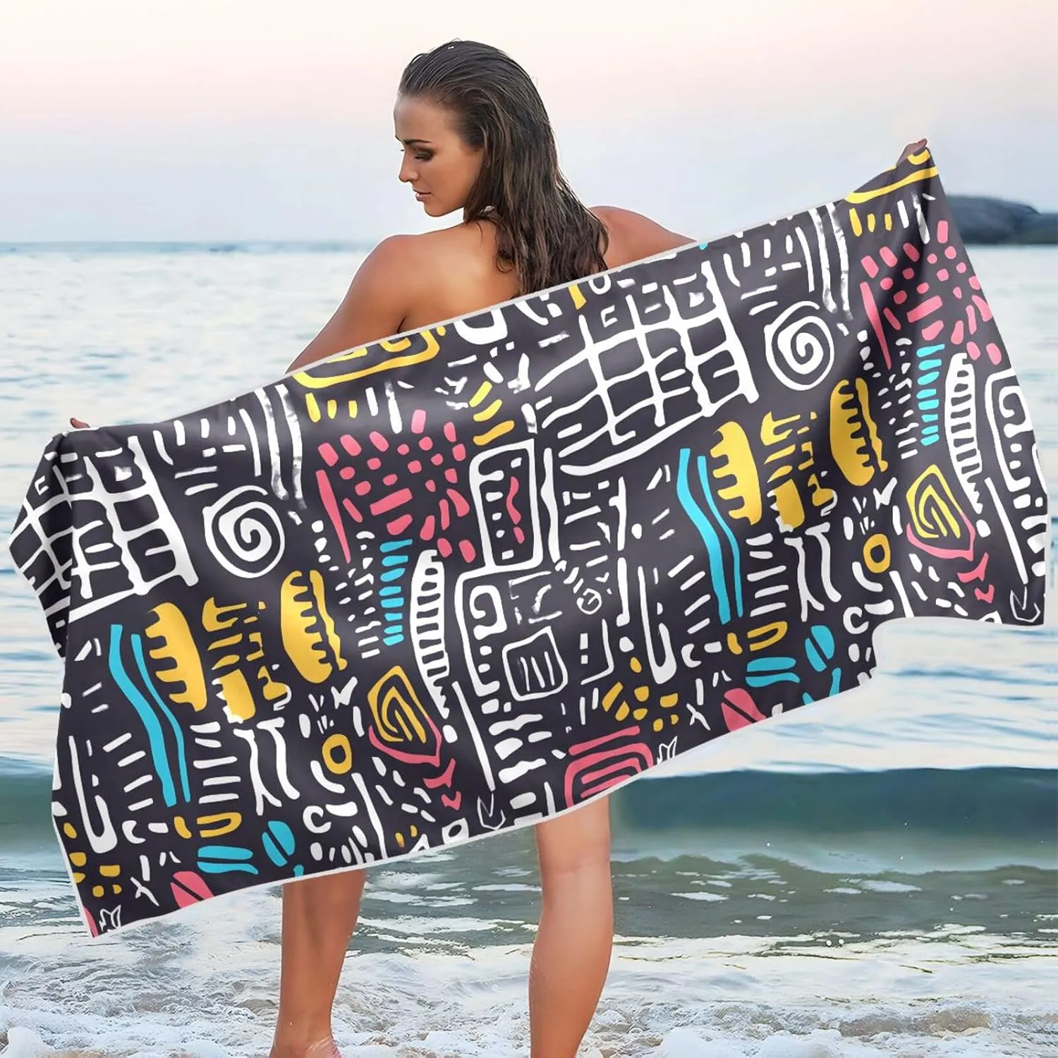 Beach Towel Funny Doodle Print Oversized Sand Free Quick Dry Lightweight with Storage Bag for Women Men 30x60 in