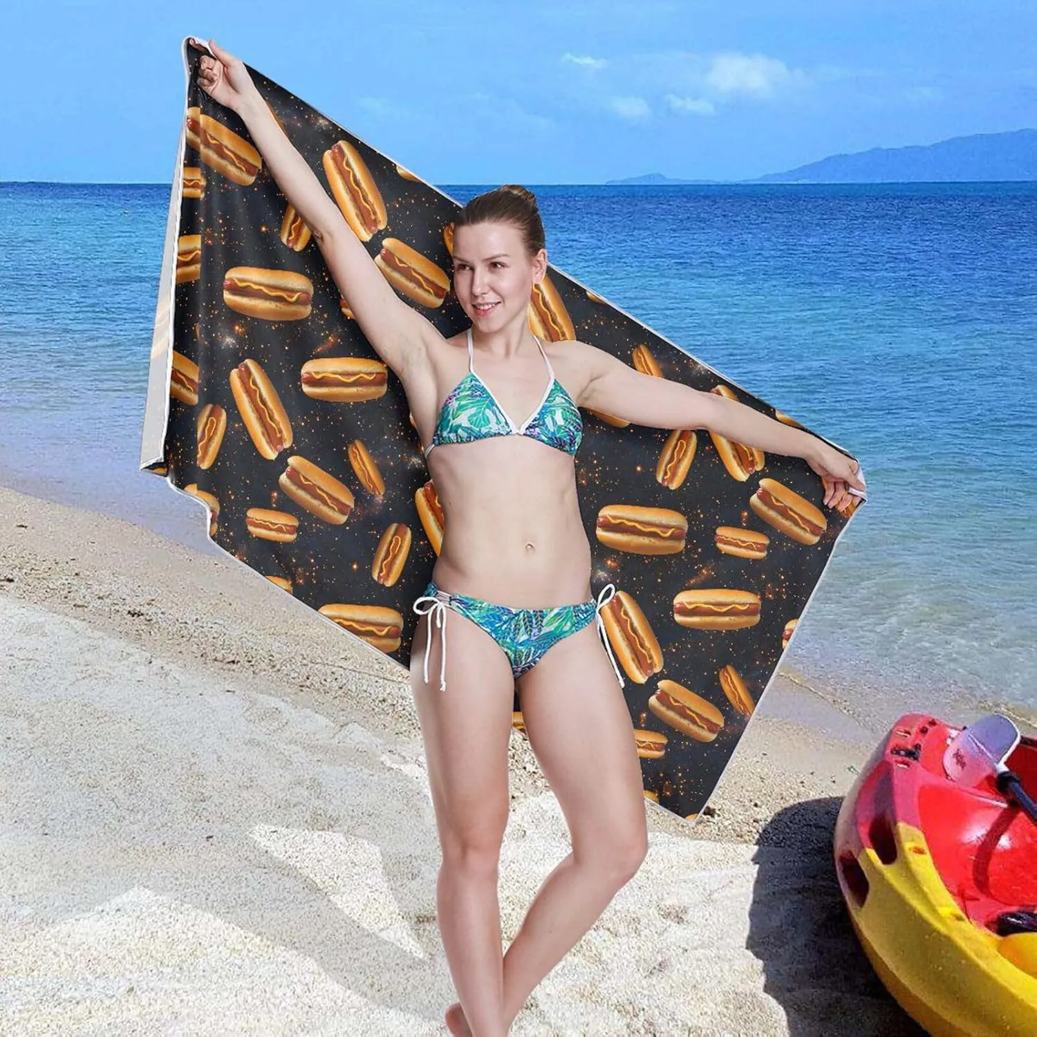 Beach Towel Hot Dog Pattern Print Oversized Sand Free Quick Dry Lightweight with Storage Bag for Women Men 31X71 Inch