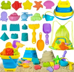 Beach Toy Sand Toy Set for Kids Silicone Foldable Sand Bucket with Summer Mesh Bag, Shovel, Rake, Watering Can, Animal and Castle Sand Molds for Children Outdoor Sandbox Toys for Toddlers Age 3-10