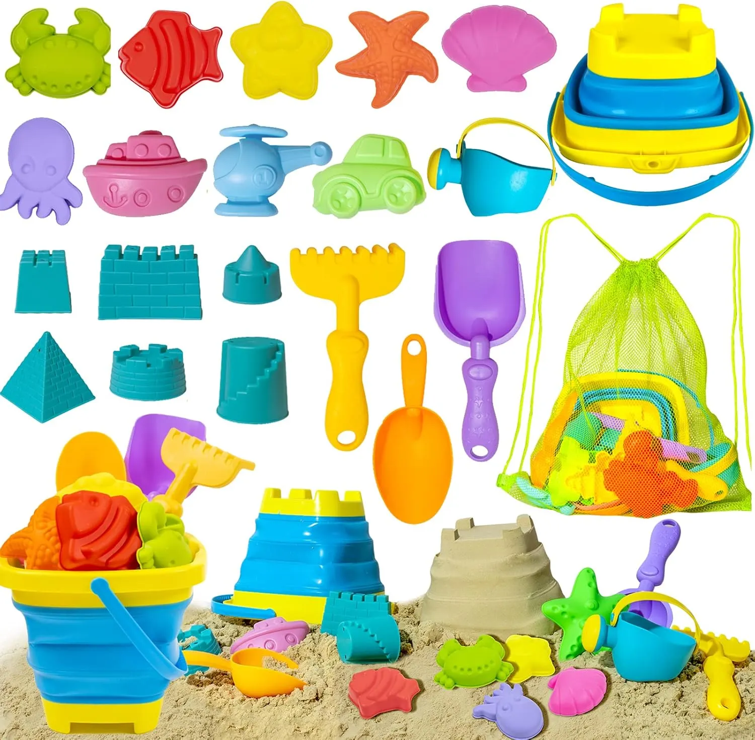 Beach Toy Sand Toy Set for Kids Silicone Foldable Sand Bucket with Summer Mesh Bag, Shovel, Rake, Watering Can, Animal and Castle Sand Molds for Children Outdoor Sandbox Toys for Toddlers Age 3-10