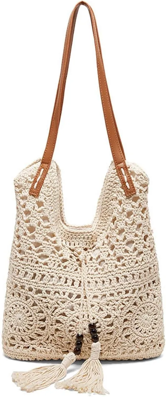 Beach Woven Crochet Bag for Women Straw Hobo Mesh Tote Knit Bags, for Daily Picnic Summer Holiday Travel Vacation