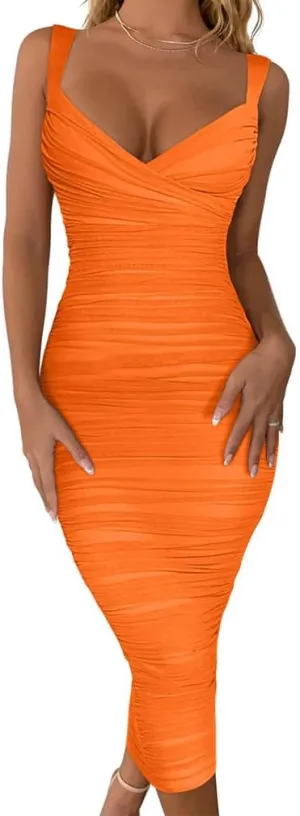 BEAGIMEG Women's Sexy Bodycon Sleeveless Ruched Mesh Club Party Midi Dress