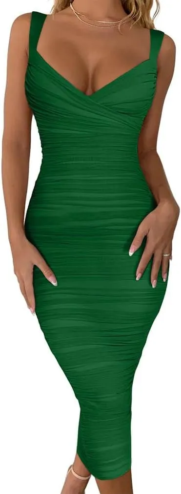 BEAGIMEG Women's Sexy Bodycon Sleeveless Ruched Mesh Club Party Midi Dress