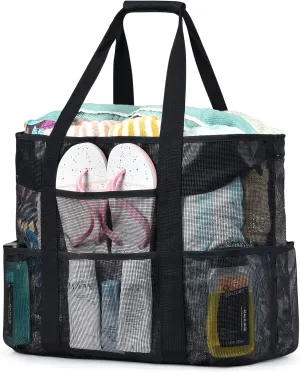 Becokan Beach Bags for Women Mesh Beach Bag for Women Swim Pool Bag Beach Tote Bag for Vacation Zipper Closure 9 Pockets