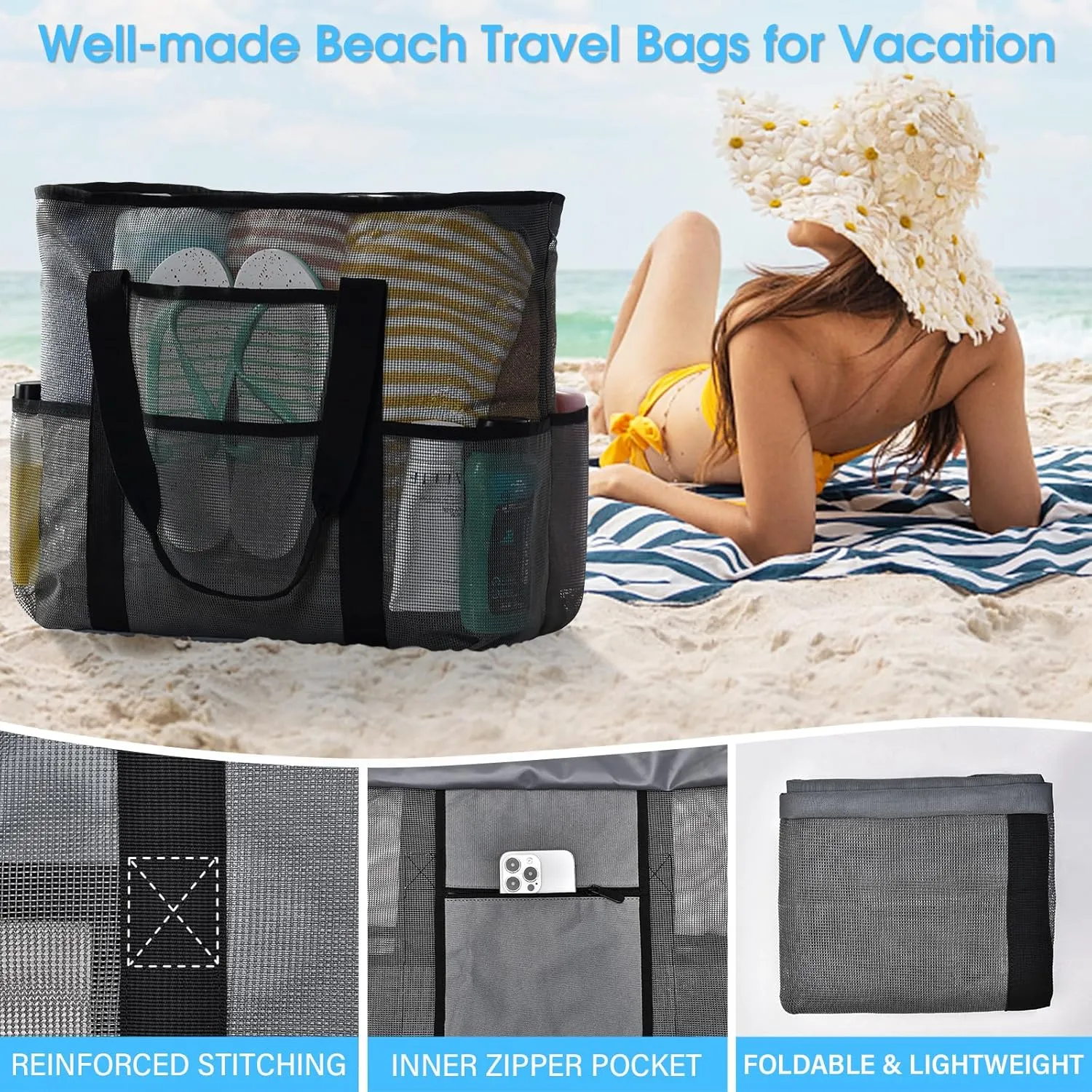 Becokan Beach Bags for Women Mesh Beach Bag for Women Swim Pool Bag Beach Tote Bag for Vacation Zipper Closure 9 Pockets