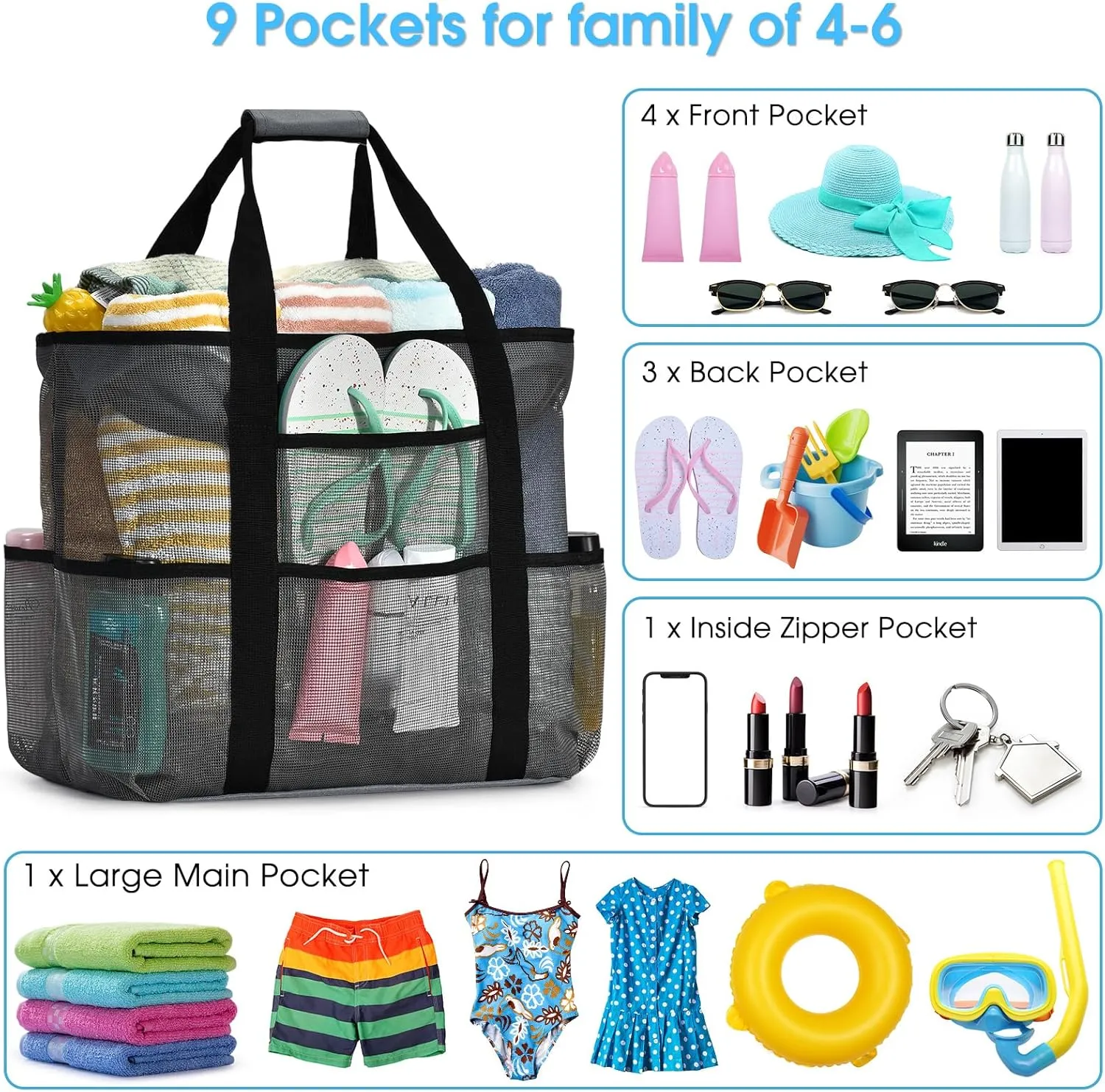 Becokan Beach Bags for Women Mesh Beach Bag for Women Swim Pool Bag Beach Tote Bag for Vacation Zipper Closure 9 Pockets