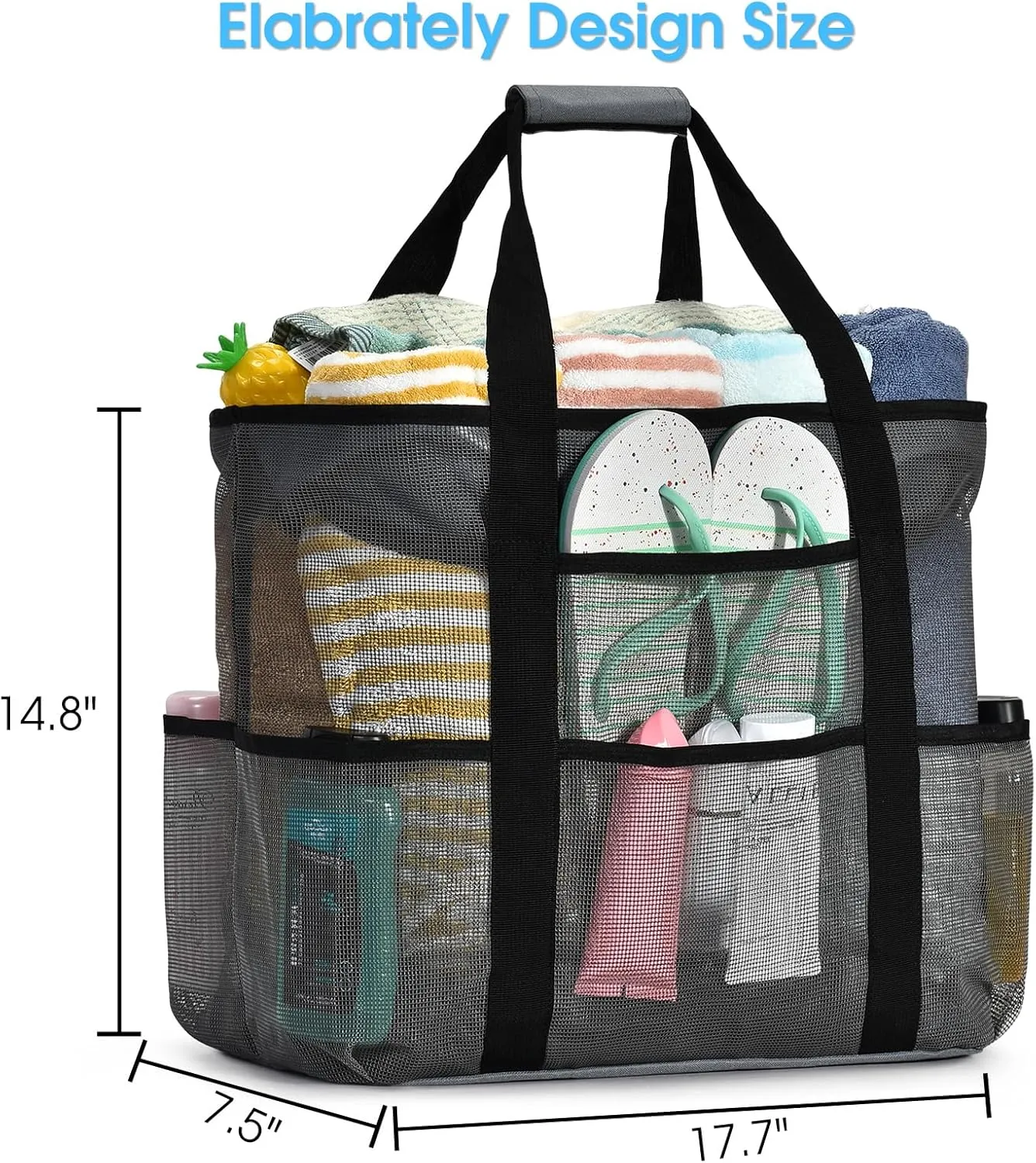 Becokan Beach Bags for Women Mesh Beach Bag for Women Swim Pool Bag Beach Tote Bag for Vacation Zipper Closure 9 Pockets
