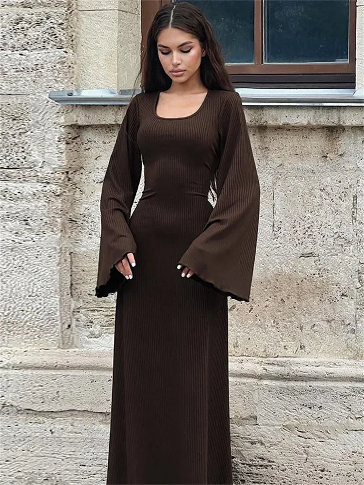 Bell Sleeved Ribbed Maxi Dress