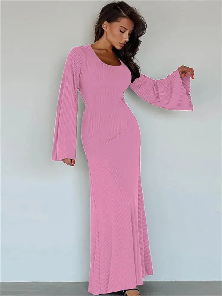 Bell Sleeved Ribbed Maxi Dress