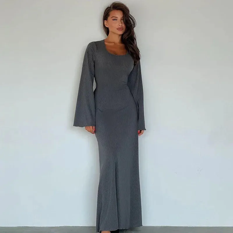 Bell Sleeved Ribbed Maxi Dress