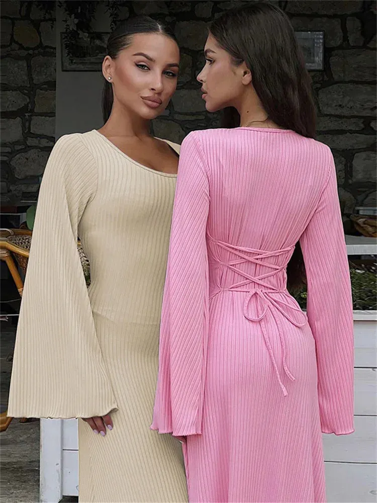 Bell Sleeved Ribbed Maxi Dress