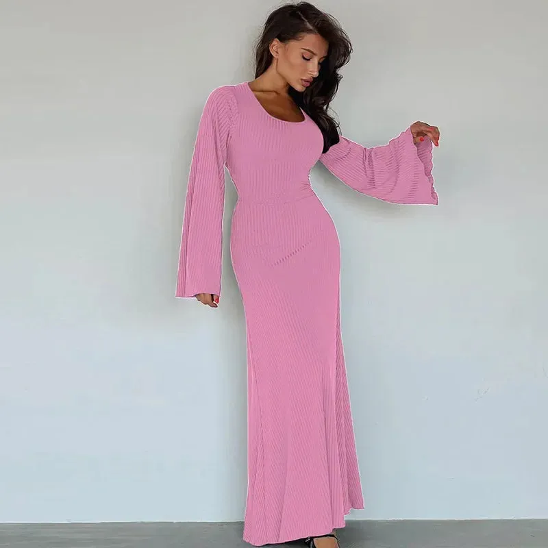 Bell Sleeved Ribbed Maxi Dress