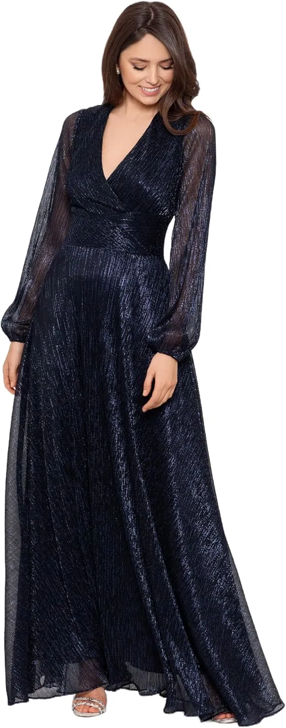 Betsy & Adam Women's Metallic Long Sleeve V-Neck Wrap Gown