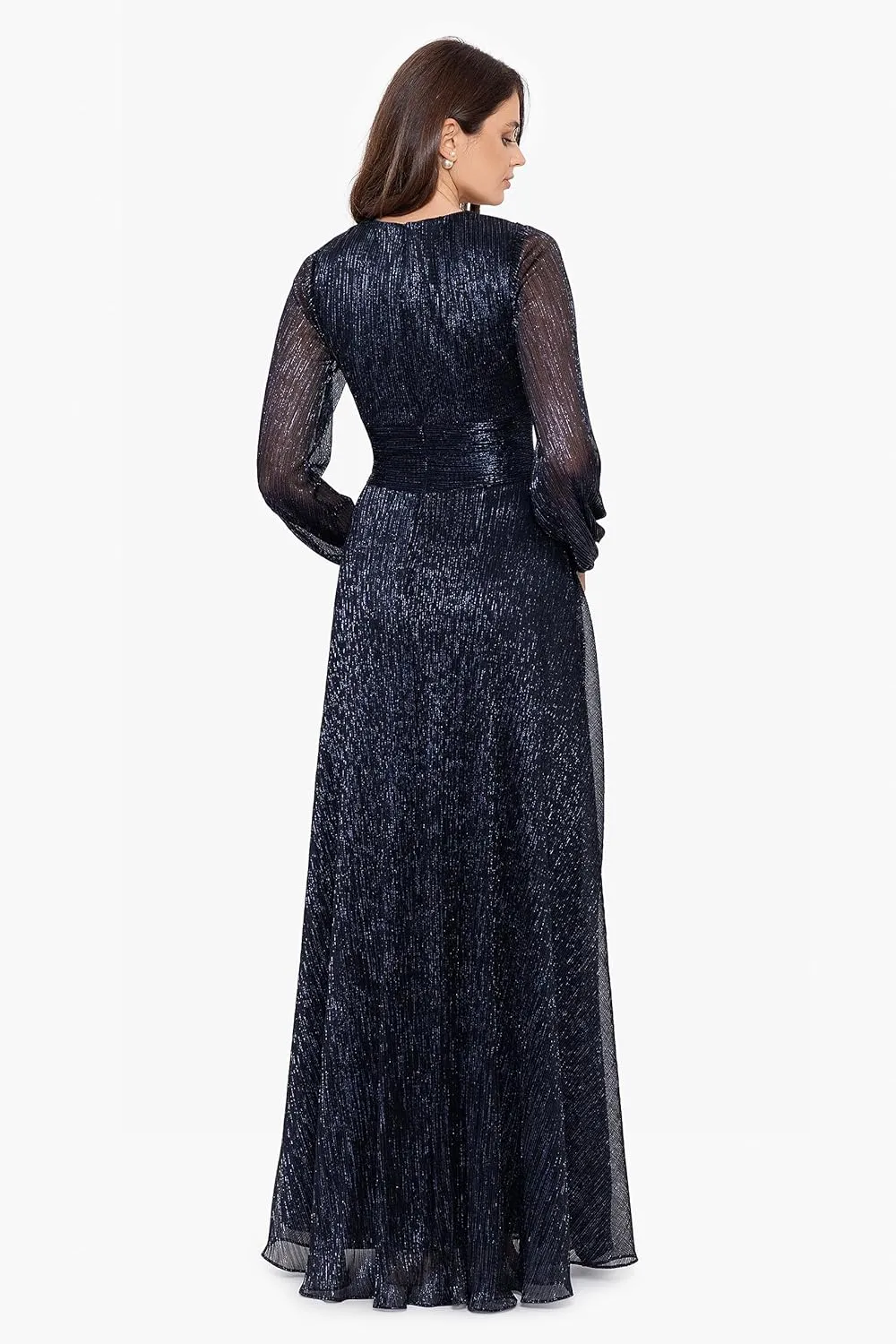 Betsy & Adam Women's Metallic Long Sleeve V-Neck Wrap Gown
