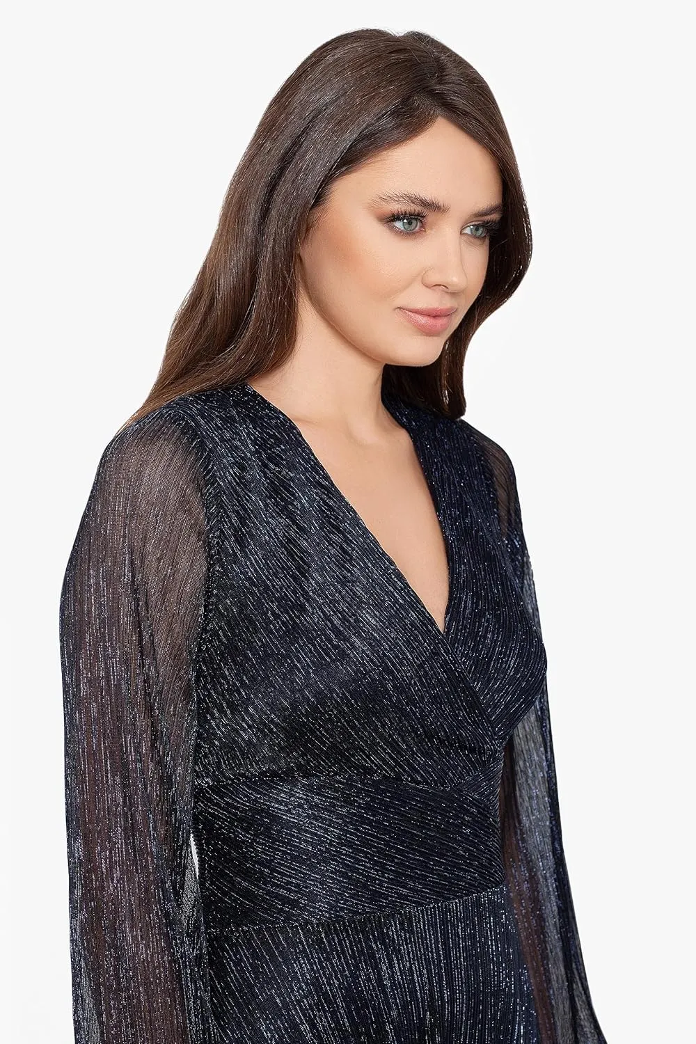 Betsy & Adam Women's Metallic Long Sleeve V-Neck Wrap Gown