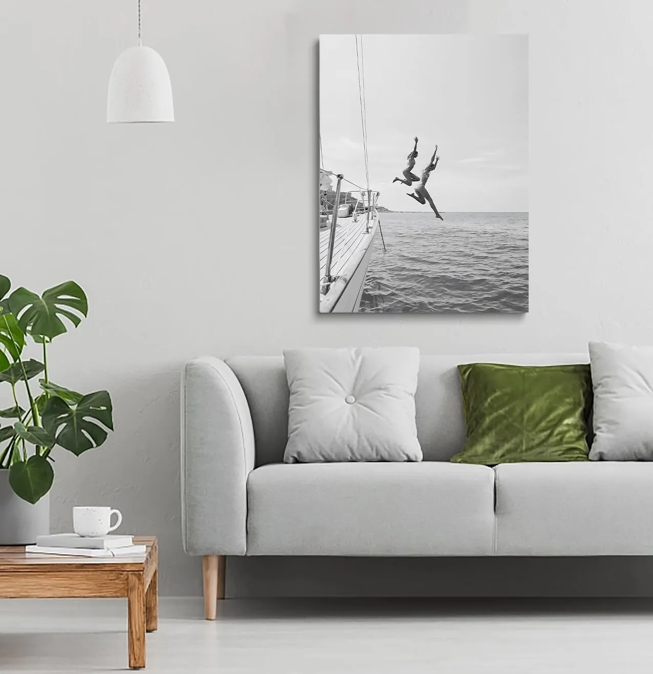 Black And White Ocean Jump Sail Boat, Yacht Wall Art, Women Jumping into Water,Beach Print,Ocean Jump Poster, Summer Art, Boat Wall Art,Beach House Decor24x36inch unframed