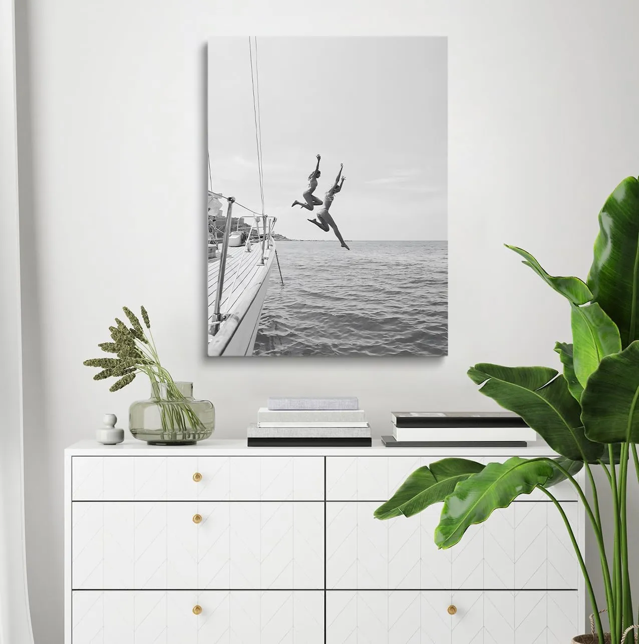 Black And White Ocean Jump Sail Boat, Yacht Wall Art, Women Jumping into Water,Beach Print,Ocean Jump Poster, Summer Art, Boat Wall Art,Beach House Decor24x36inch unframed