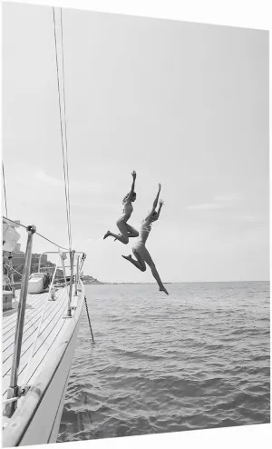 Black And White Ocean Jump Sail Boat, Yacht Wall Art, Women Jumping into Water,Beach Print,Ocean Jump Poster, Summer Art, Boat Wall Art,Beach House Decor24x36inch unframed