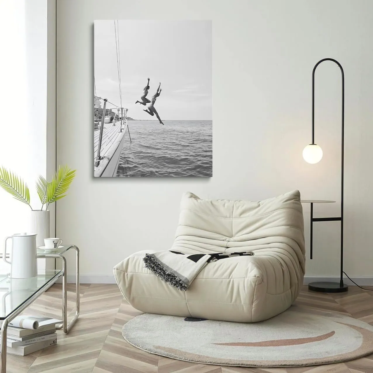 Black And White Ocean Jump Sail Boat, Yacht Wall Art, Women Jumping into Water,Beach Print,Ocean Jump Poster, Summer Art, Boat Wall Art,Beach House Decor24x36inch unframed