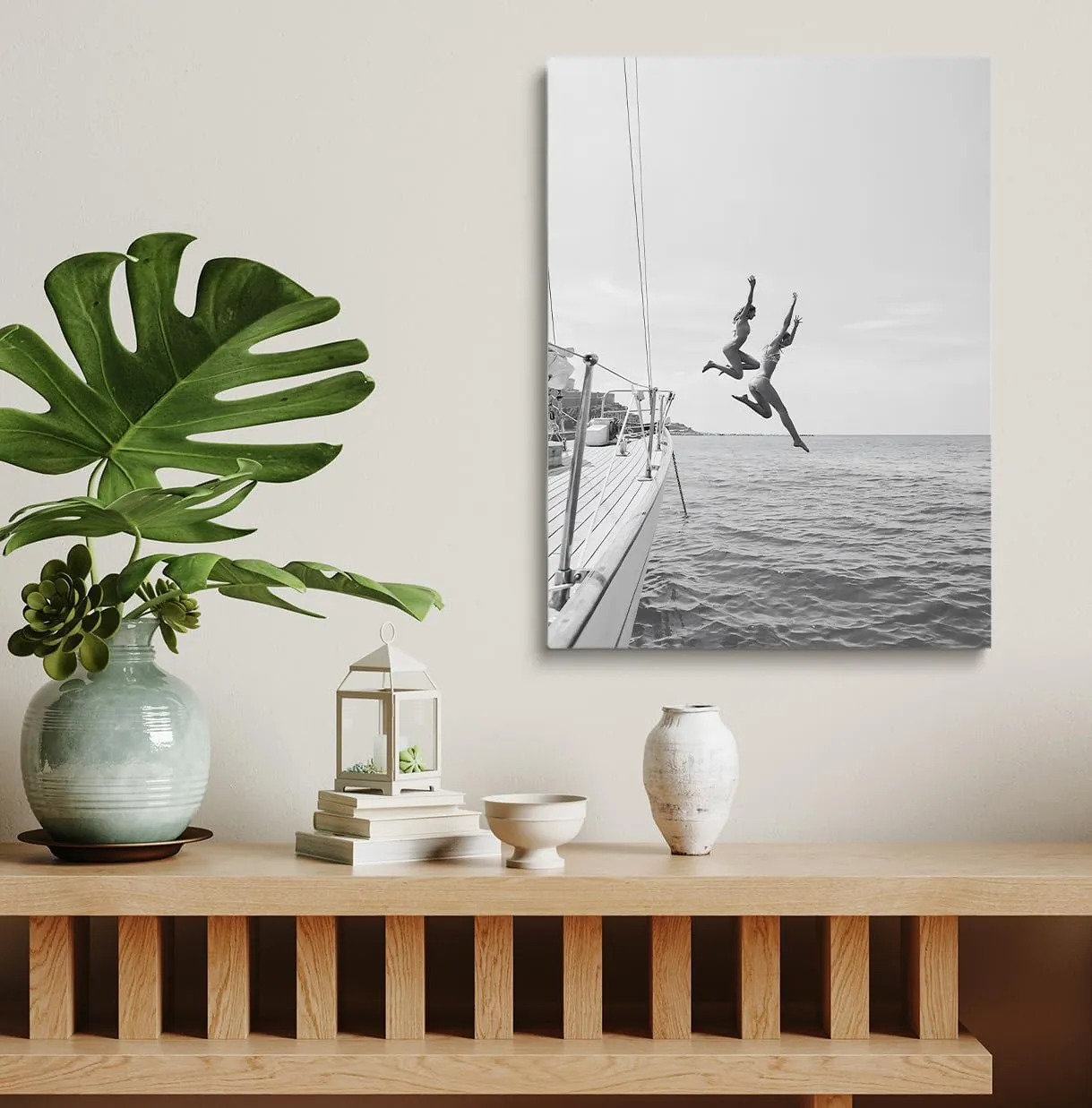 Black And White Ocean Jump Sail Boat, Yacht Wall Art, Women Jumping into Water,Beach Print,Ocean Jump Poster, Summer Art, Boat Wall Art,Beach House Decor24x36inch unframed