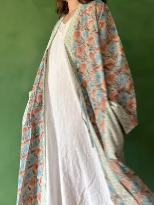 Block Print Cotton Robe, Duck Egg