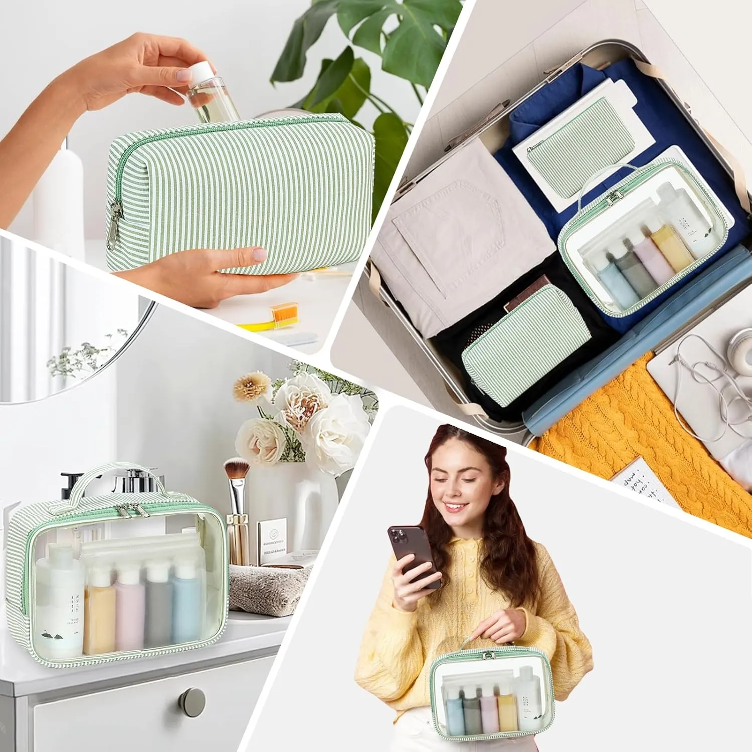 Bluboon 3Pcs Makeup Toiletry Bag for Women, Clear Packing Cubes Cosmetic Bag for Travel Women With Zipper Travel Essentials (Green White Stripes)