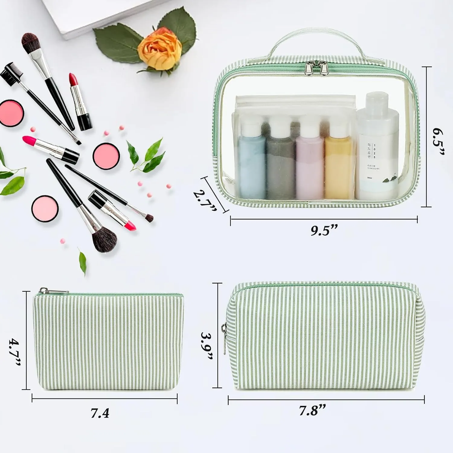 Bluboon 3Pcs Makeup Toiletry Bag for Women, Clear Packing Cubes Cosmetic Bag for Travel Women With Zipper Travel Essentials (Green White Stripes)