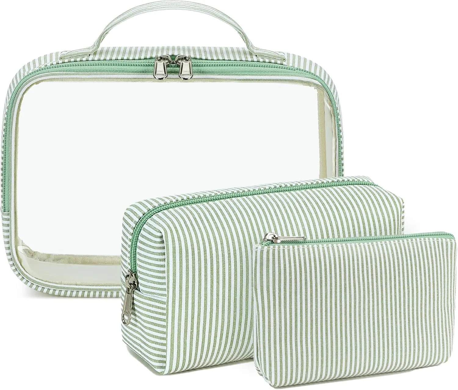 Bluboon 3Pcs Makeup Toiletry Bag for Women, Clear Packing Cubes Cosmetic Bag for Travel Women With Zipper Travel Essentials (Green White Stripes)