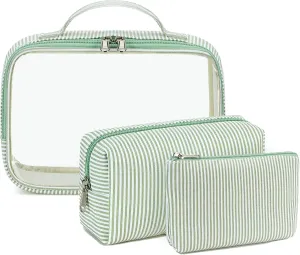 Bluboon 3Pcs Makeup Toiletry Bag for Women, Clear Packing Cubes Cosmetic Bag for Travel Women With Zipper Travel Essentials (Green White Stripes)