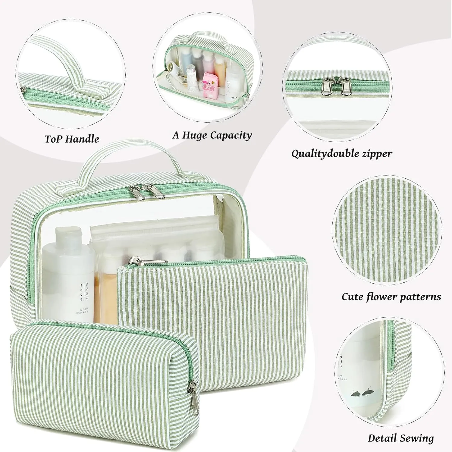 Bluboon 3Pcs Makeup Toiletry Bag for Women, Clear Packing Cubes Cosmetic Bag for Travel Women With Zipper Travel Essentials (Green White Stripes)