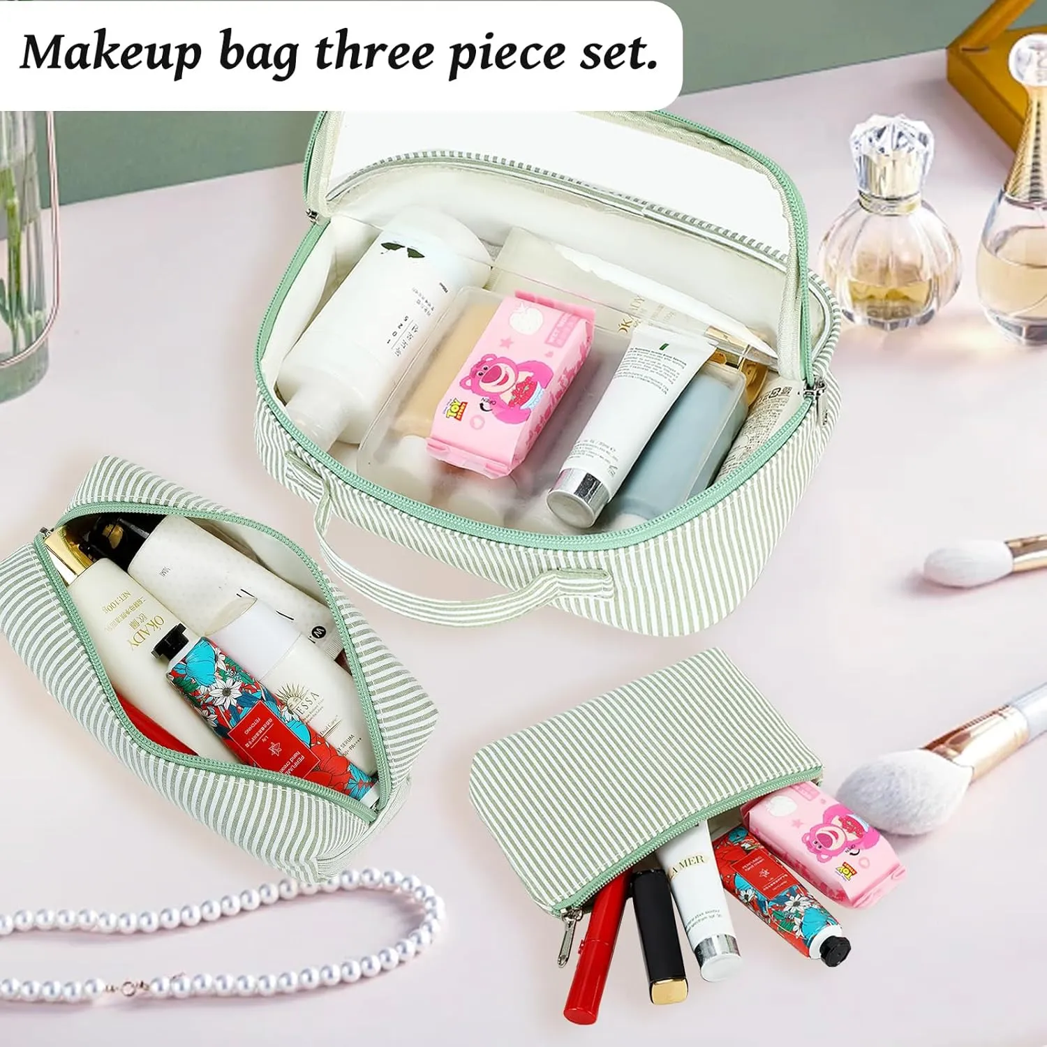 Bluboon 3Pcs Makeup Toiletry Bag for Women, Clear Packing Cubes Cosmetic Bag for Travel Women With Zipper Travel Essentials (Green White Stripes)