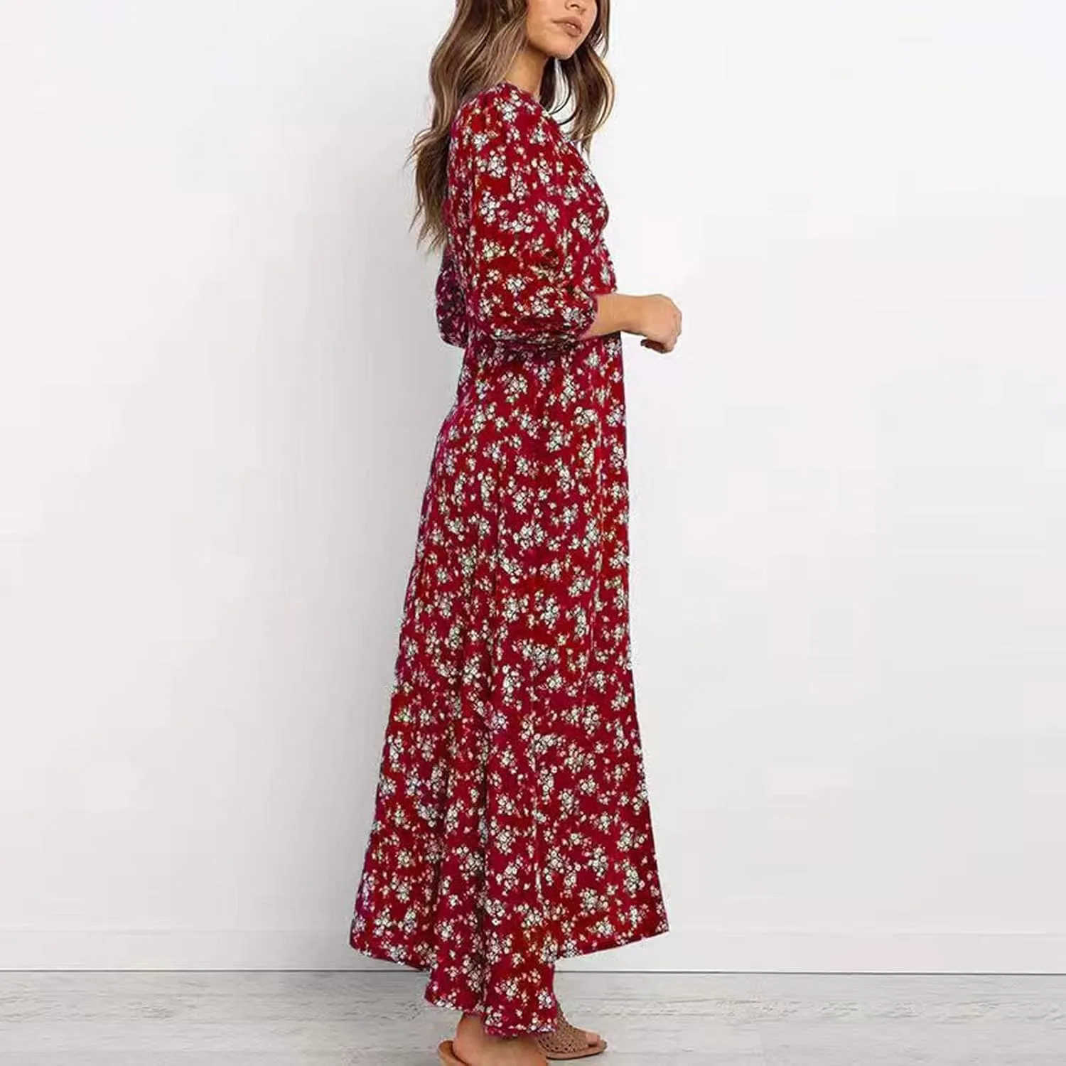 Boho Dresses for Women 2024 Summer Floral Print V Neck Maxi Wrap Dress Hawaiian Beach Tropical Flowy Dress