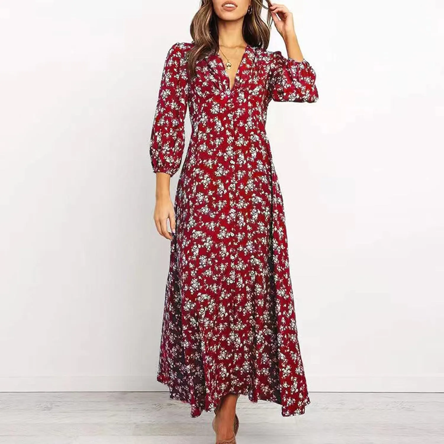 Boho Dresses for Women 2024 Summer Floral Print V Neck Maxi Wrap Dress Hawaiian Beach Tropical Flowy Dress