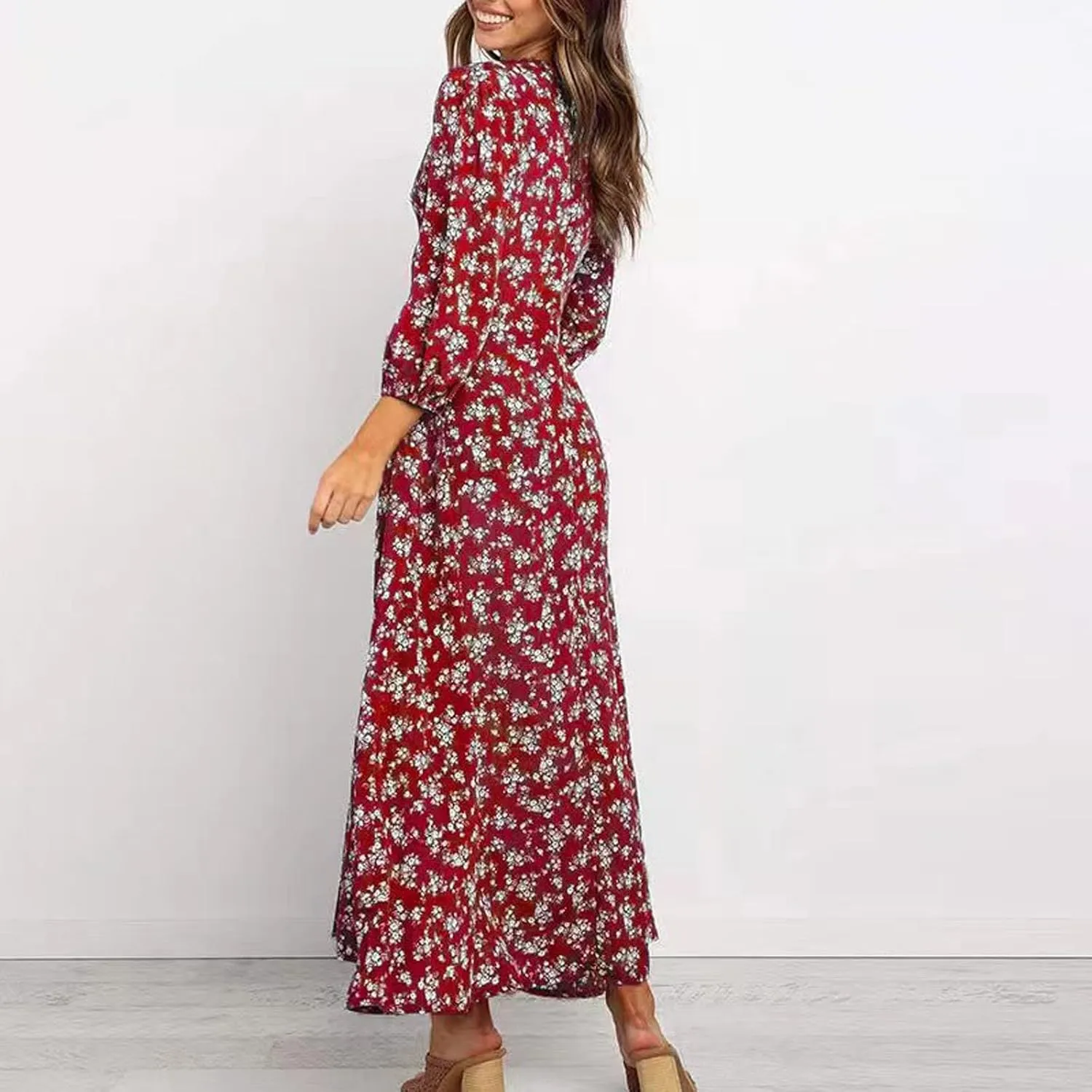 Boho Dresses for Women 2024 Summer Floral Print V Neck Maxi Wrap Dress Hawaiian Beach Tropical Flowy Dress