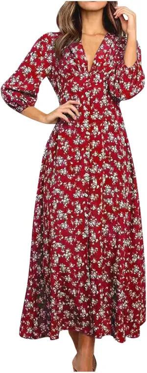 Boho Dresses for Women 2024 Summer Floral Print V Neck Maxi Wrap Dress Hawaiian Beach Tropical Flowy Dress