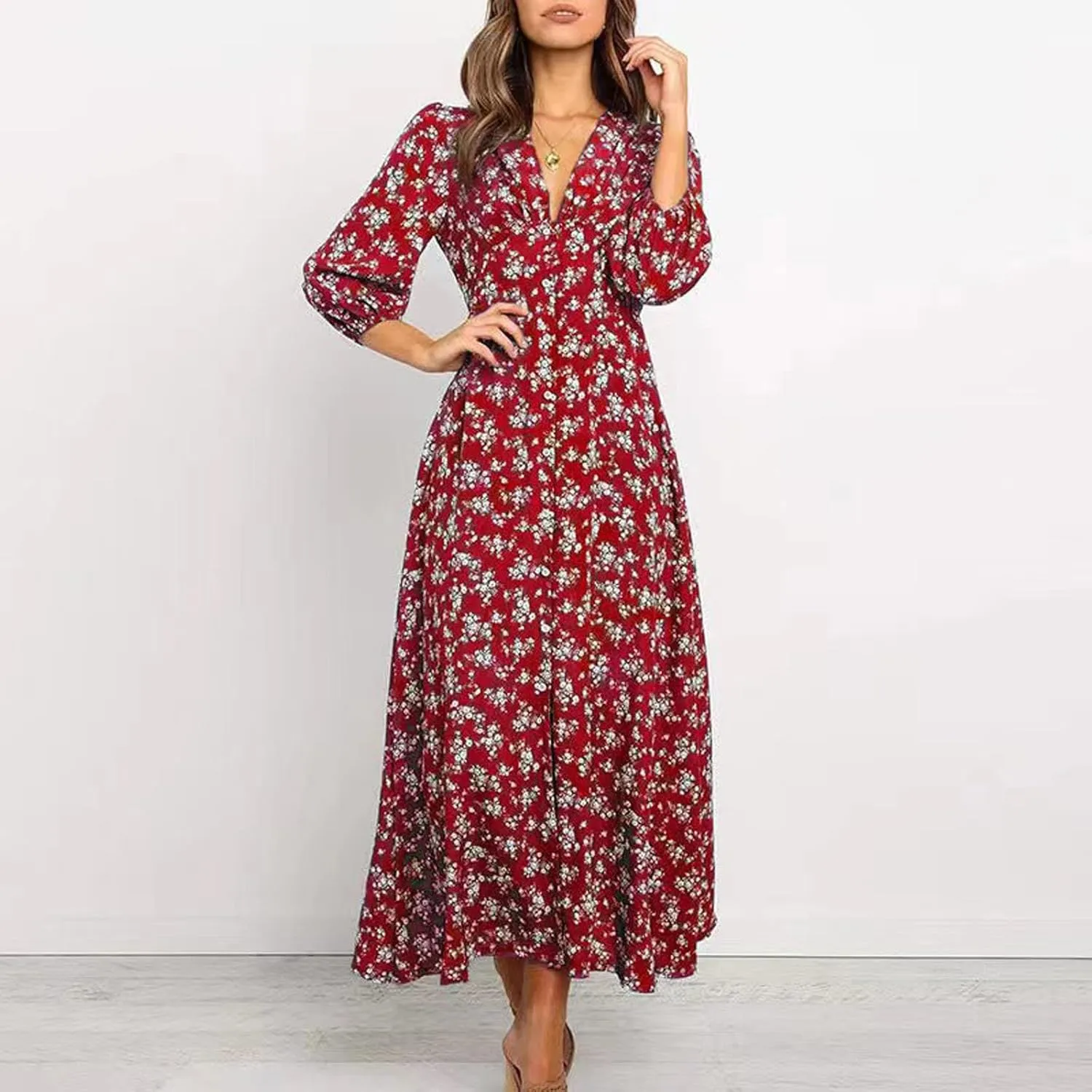 Boho Dresses for Women 2024 Summer Floral Print V Neck Maxi Wrap Dress Hawaiian Beach Tropical Flowy Dress