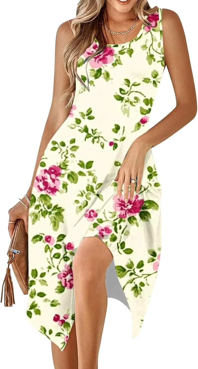 Boho Dresses for Women 2025 Summer Floral Print Flowy Sundress Casual Sleeveless Swing Beach Midi Tank Dress