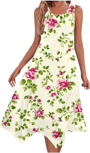 Boho Dresses for Women 2025 Summer Floral Print Flowy Sundress Casual Sleeveless Swing Beach Midi Tank Dress