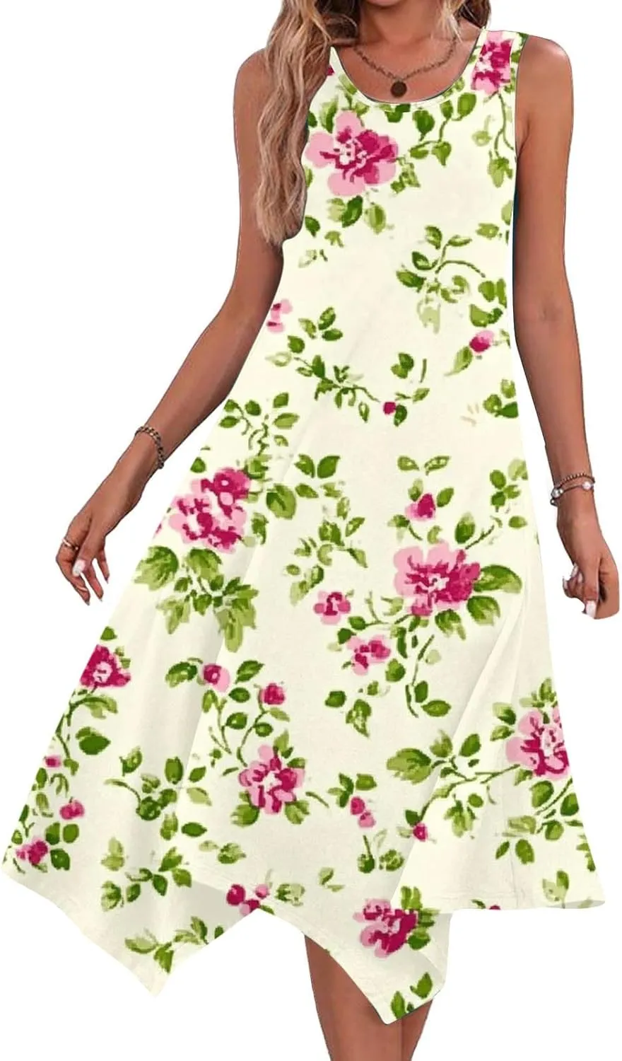 Boho Dresses for Women 2025 Summer Floral Print Flowy Sundress Casual Sleeveless Swing Beach Midi Tank Dress