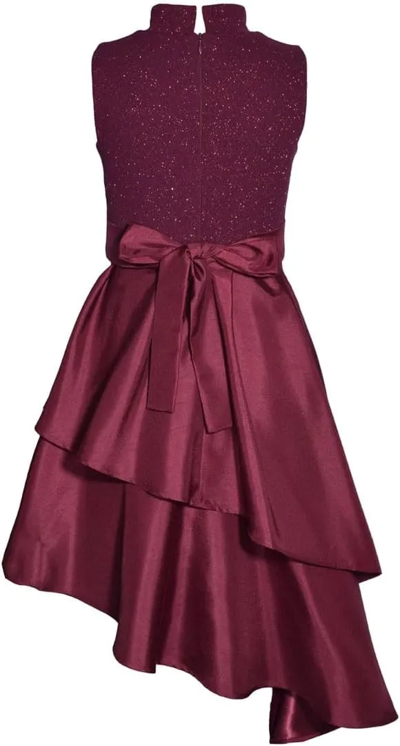 Bonnie Jean Girls 7-16 Burgundy Sparkle Knit Shantung Asymmetrical Dress