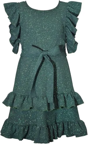 Bonnie Jean Holiday Christmas Dress - Green Sparkle Ruffle Dress 7-16