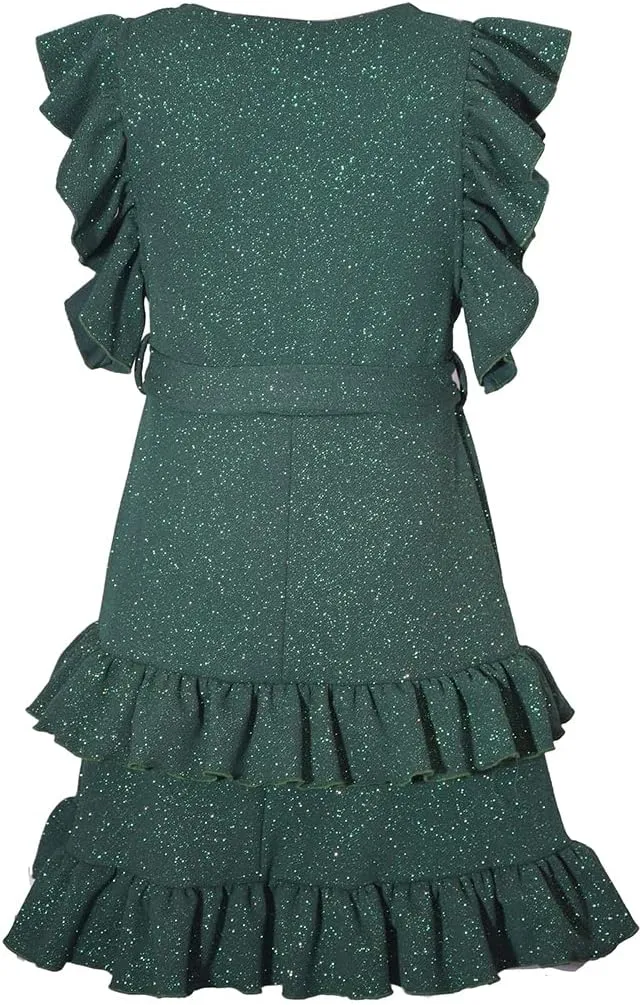 Bonnie Jean Holiday Christmas Dress - Green Sparkle Ruffle Dress 7-16