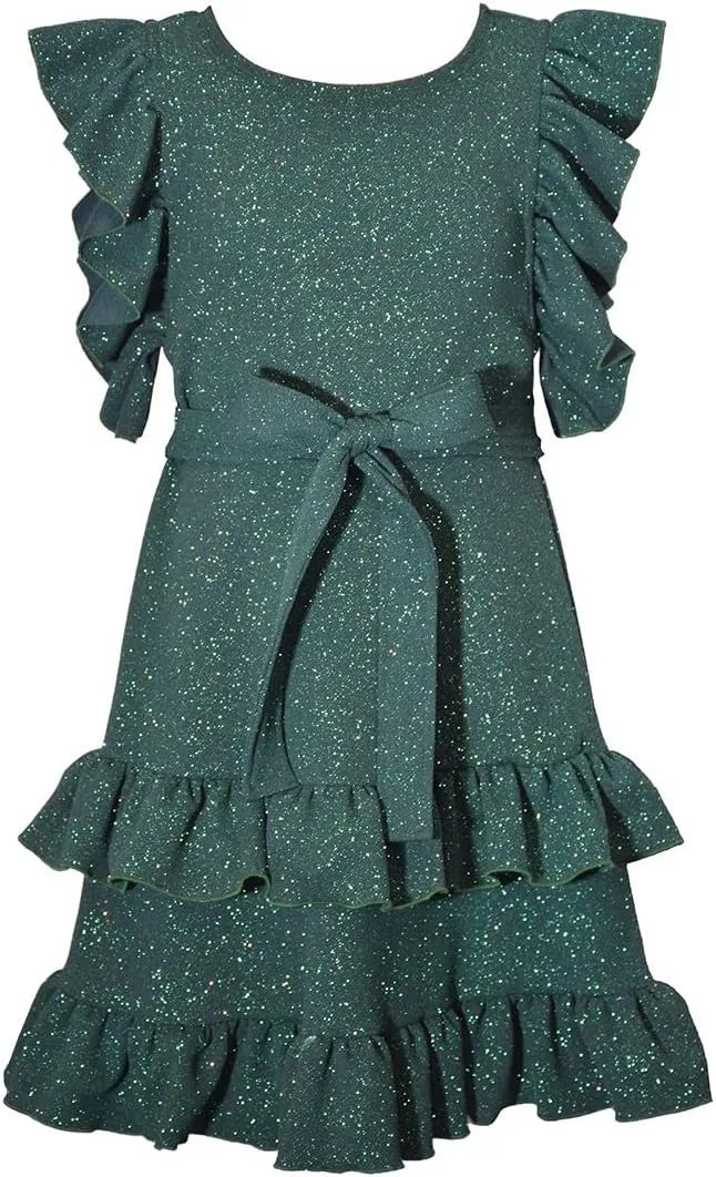 Bonnie Jean Holiday Christmas Dress - Green Sparkle Ruffle Dress 7-16