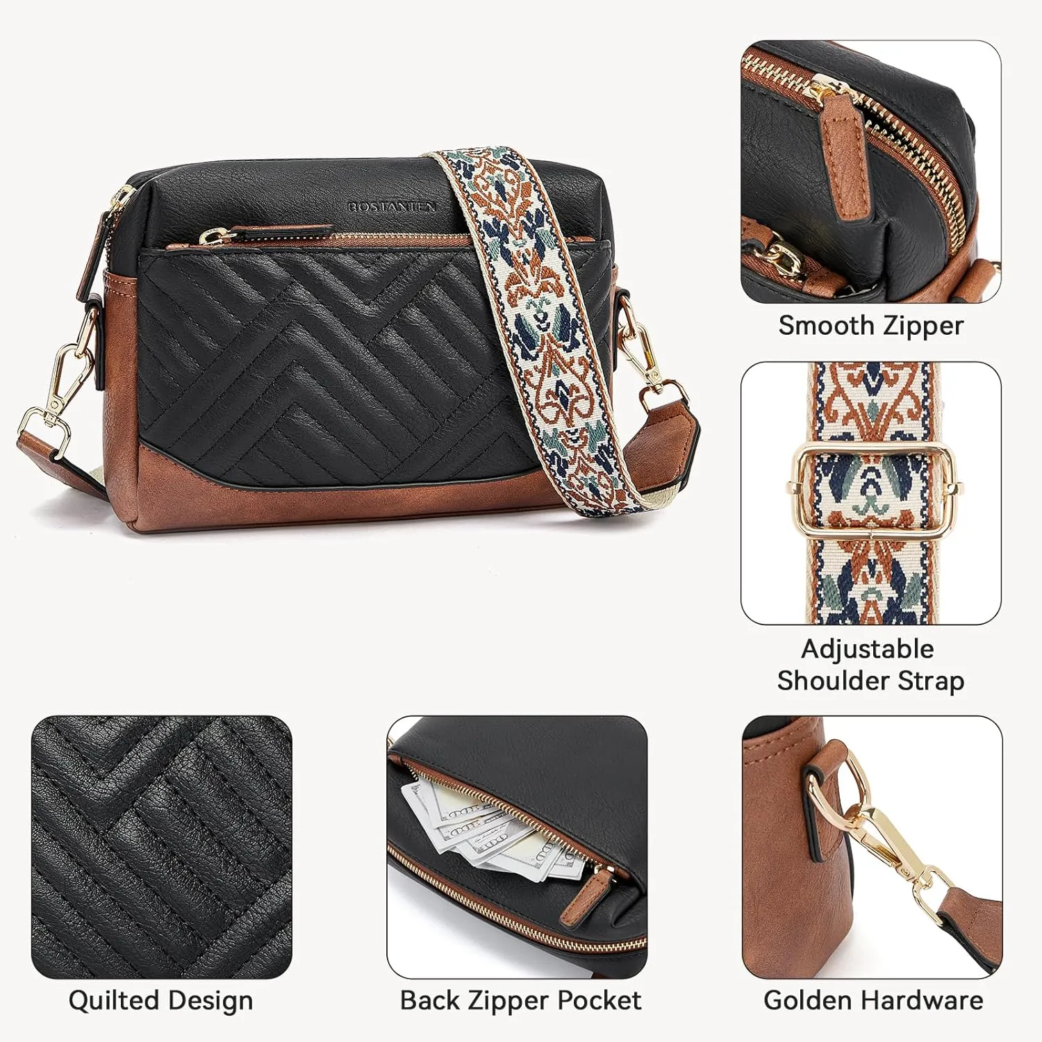 BOSTANTEN Crossbody Bags for Women Vegan Leather Purses Quilted Shoulder Handbags with Adjustable Shoulder Strap