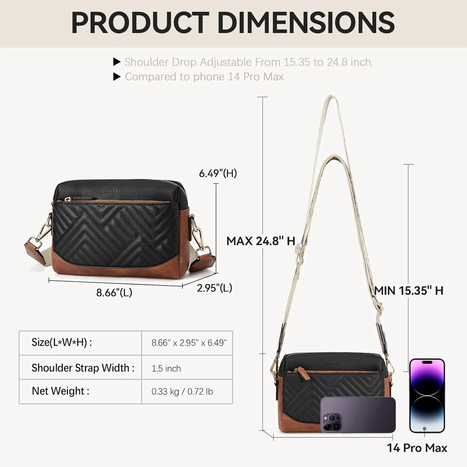 BOSTANTEN Crossbody Bags for Women Vegan Leather Purses Quilted Shoulder Handbags with Adjustable Shoulder Strap